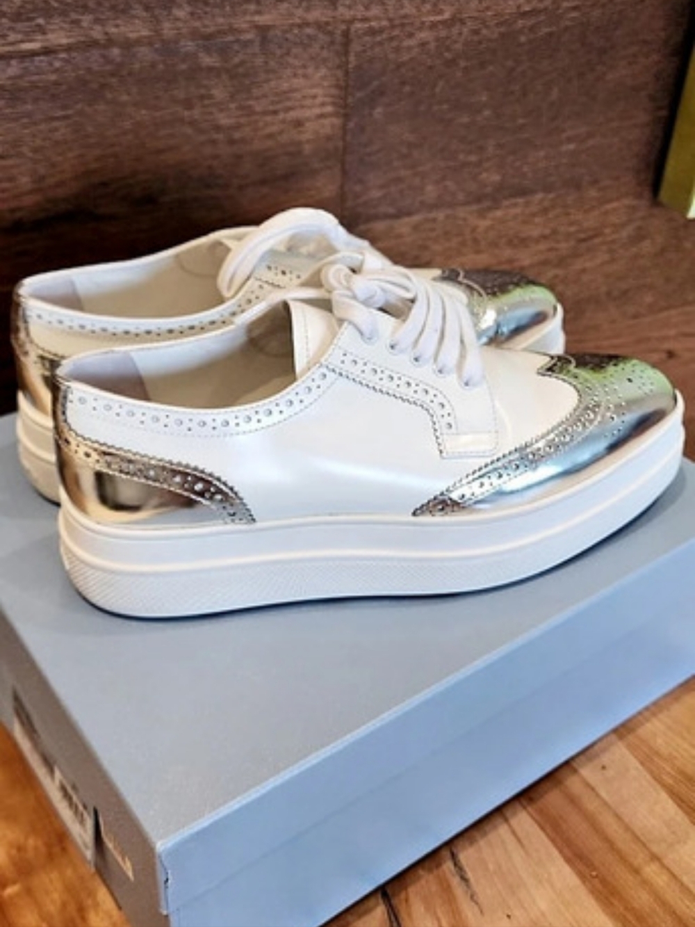 Prada Metallic Wingtip Platform Brogue Sneaker Sneakers White & Silver US 6